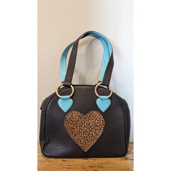 Sweet Tooth Brown Pebbled Grain Cheetah Heart Satchel Handbag - Picture 15 of 15
